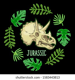 Triceratops skull among palm leaves on black background. Vector illustration for t-shirts prints, posters, cards etc.