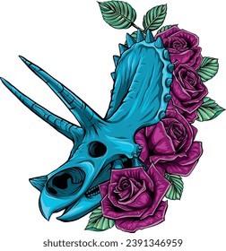 Triceratops skull drawing with rose