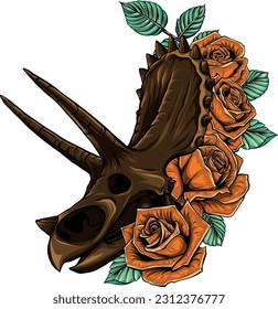 Triceratops skull drawing with rose on white background