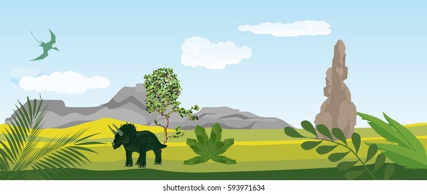 Triceratops and vector landscape, horizontal vector illustration