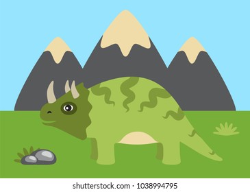 Triceratops and wild nature, greenery and mountains, clear sky and rock with grass, dinosaur type of triceratops, isolated on vector illustration