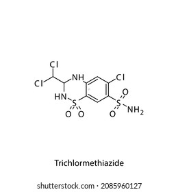 Trichlormethiazide molecular structure, flat skeletal chemical formula. Thiazide diuretic drug used to treat Hyperclaceamia, Hepatic cirrhosis, gout, Heart failure. Vector illustration.