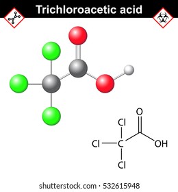 Trichloroacetic acid molecule, 2d and 3d vector illustration, isolated on white background, eps 10