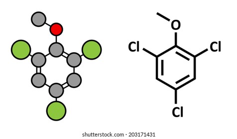 Trichloroanisole (TCA) cork taint molecule. Produced by fungi and bacteria, responsible for cork taint in bottled wine. Stylized 2D rendering and conventional skeletal formula.