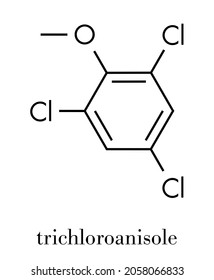 Trichloroanisole (TCA) cork taint molecule. Produced by fungi and bacteria, responsible for cork taint in bottled wine. Skeletal formula.