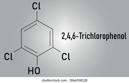Trichlorophenol (TCP, 2,4,6-trichlorophenol) molecule. Skeletal formula.