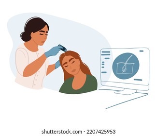 Trichological and dermatological examination of the scalp and hair follicles of a patient in a cosmetology clinic. Dermatoscopy. Trichologist consultation. 
visiting a dermatologist in a polyclinic. 