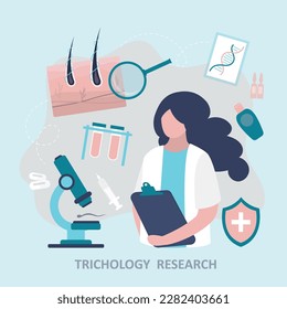 Trichological and dermatological examination of scalp and hair follicles in cosmetology clinic. Female scientist examines hair sample, research by genetic research in laboratory, DNA analysis. vector