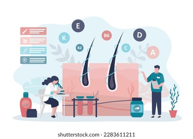 Tricholólogos examinando el crecimiento del cabello. El médico utiliza el microscopio para la investigación y el análisis para el tratamiento de la pérdida de cabello. Alopecia y problemas capilares, calvicie. Problema de salud de diagnóstico dermatológico. vector plano