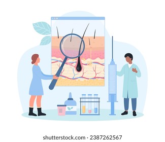 Ilustración vectorial del examen de tricología. Viñetas de personas diminutas de caricaturistas con diagrama de anatomía de verificación de vidrio de aumento con estructura de capas de piel y cabello humanos, estudiar el crecimiento del cabello para diagnóstico