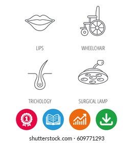 Trichology, surgical lamp and wheelchair icons. Lips linear sign. Award medal, growth chart and opened book web icons. Download arrow. Vector