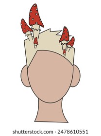 Trichophytosis. Scalp Fungus сoncept isolated white. Grooving vector illustration of a Head with Toadstools. Flat Fungal Infection art.