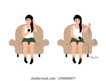 Trichotillomania concept. Girl pulls hair from her head or hair loss. Flat vector cartoon modern illustration.