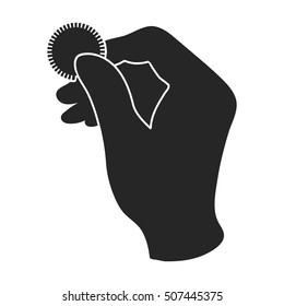 Trick with coin icon in black style isolated on white background. Black and white magic symbol stock vector illustration.