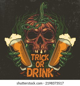 "Trick or Drink" - Halloween celebration banner design. Vector illustration  in engraving technique of pumpkin evil skull with hands holding beer. 