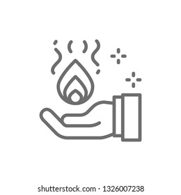Trick with fire in hand, magic line icon.