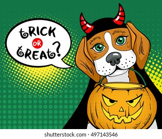 Trick or treat? Funny dog with big sad eyes and devil horns holding box for candies in form of pumpkin in mouth. Vector poster in retro comic pop art style. Halloween party invitation.