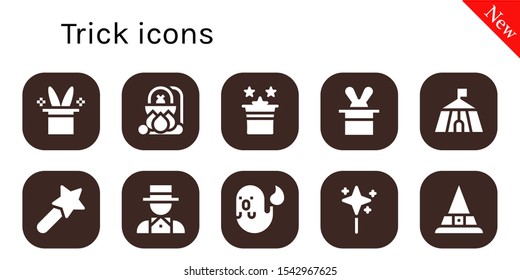 trick icon set. 10 filled trick icons.  Simple modern icons about  - Magic hat, Cauldron, Magic, Magician, Circus, Magic wand, Ghost, Wand, Witch