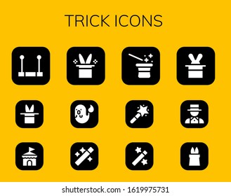 trick icon set. 12 filled trick icons.  Simple modern icons such as: Trapeze, Magic, Circus, Magic hat, Ghost, Wand, Magician, Magic wand