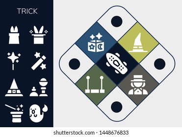 trick icon set. 13 filled trick icons.  Collection Of - Skateboard, Magician, Ghost, Witch, Magic trick, Wand, Magic, Magic hat, Trapeze