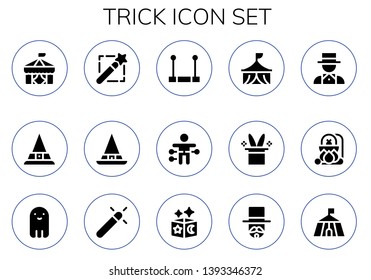 trick icon set. 15 filled trick icons.  Simple modern icons about  - Circus, Witch, Magic wand, Trapeze, Voodoo doll, Magic hat, Magician, Cauldron, Ghost, Magic