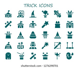  trick icon set. 30 filled trick icons. Simple modern icons about  - Circus, Cauldron, Witch, Magic, Skateboard, Magic hat, Wand, Voodoo doll, Magic wand, Trick, Candy corn, Magician