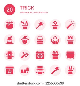 trick icon set. Collection of 20 filled trick icons included Cauldron, Magic, Magic tool, Magic wand, Witch hat, Witch, Juggling ball, Magician hat, Wand, Halloween, Magic trick