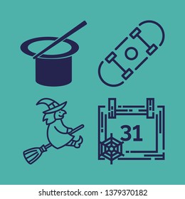 trick icon set with witch, skateboard and calendar halloween vector illustration