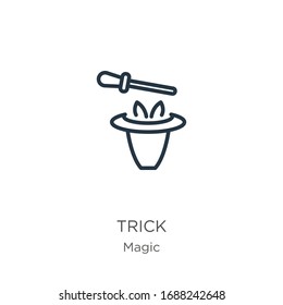 Trick Icon. Dünne lineare Trick-Umrisssymbol einzeln auf weißem Hintergrund aus der Zauberkollektion. Vektorillustration der Linie, Symbol für Web und Mobilfunk