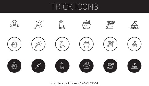 trick icons set. Collection of trick with ghost, magic wand, cauldron, magic, circus. Editable and scalable trick icons.