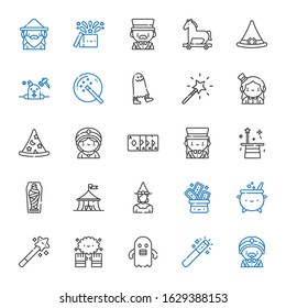 trick icons set. Collection of trick with magician, magic wand, ghost, magic, cauldron, witch, circus, mummy, magic trick, seer, wizard, phantom. Editable and scalable icons.