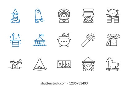 trick icons set. Collection of trick with trojan horse, wizard, magic trick, witch hat, phantom, magic, magic wand, cauldron, circus, magician. Editable and scalable icons.