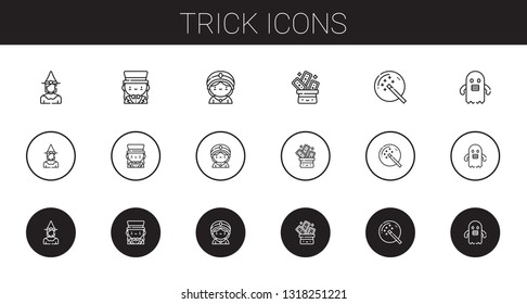 trick icons set. Collection of trick with witch, magician, seer, magic wand, ghost. Editable and scalable trick icons.