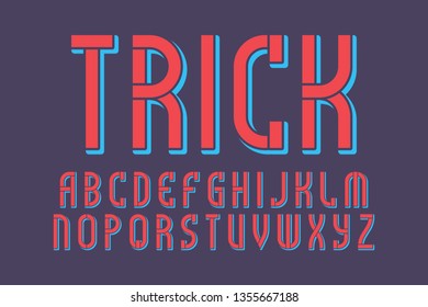 Trick letters typeface. Two-color stencil font. Isolated english alphabet.