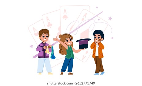 trick magic tricks hobby kid vector. vanish card, coin hat, rabbit levitate trick magic tricks hobby kid character. people flat cartoon illustration
