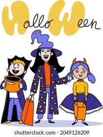 Trick o treat. Funny doodle vector illustration for halloween design. Colorful cartoon children isolated  element.