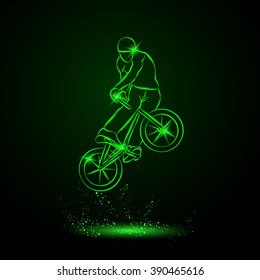 Trick on the BMX bike. Vector neon illustration.