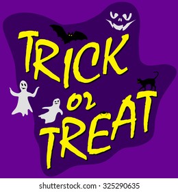 trick ot treat text, halloween card with bats, ghosts, cat and spider