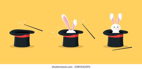 Trick with a rabbit in a hat. Stages of the rabbit's appearance. Magic trick. Magic show.