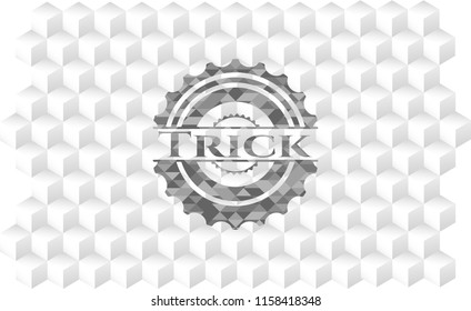 Trick realistic grey emblem with cube white background