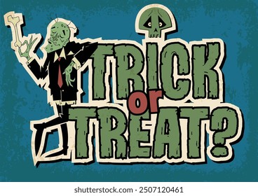 Trick or Treat? Retro Halloween Greetings Cards Style Illustration. 1950s - 1960s Style Characters and Style, Mid Century Modern Colors. Grunge Background 