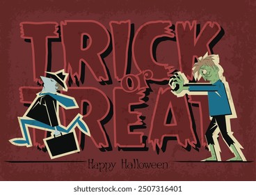 Trick or Treat? Retro Halloween Greetings Cards Style Illustration. 1950s - 1960s Style Characters and Style, Mid Century Modern Colors. Grunge Background 