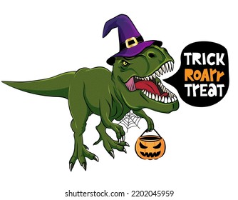 Trick Roar Treat - T Rex Tyrannosaurus With Witch Costume. Cute Roaring Happy Dinosaur With Witch Hat. Dino Character In Cartoon Style. Happy Halloween! Good For T-shirt, Mug, Gift. 