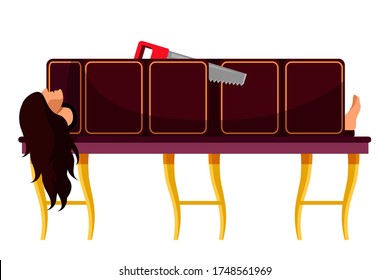Trick with sawing woman. Assistant young girl character lying in wooden box cutting with saw. Magic performance, theatre amusement show. Sawed body in container isolated on white background svg