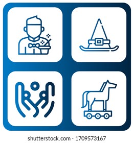 trick simple icons set. Contains such icons as Magician, Witch hat, Juggling, Trojan horse, can be used for web, mobile and logo