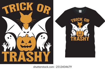 Trick or trashy, Halloween ghost t shirt design vector template.  Best Halloween t shirt design with vector and typography and black background. This scary design ready for any print item. 