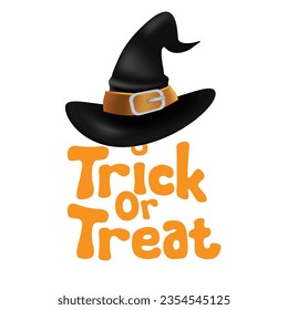 Trick or Treat. 3d design lettering phrase with witch hat on white background.