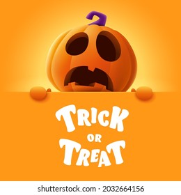 Trick or Treat. 3D illustration of cute Jack O Lantern orange pumpkin character with big greeting signboard on orange background.