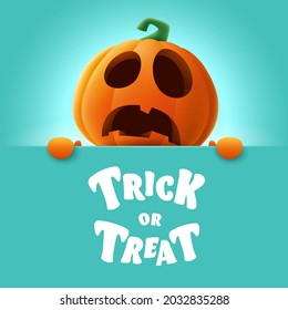 Trick or Treat. 3D illustration of cute Jack O Lantern orange pumpkin character with big greeting signboard on teal background.