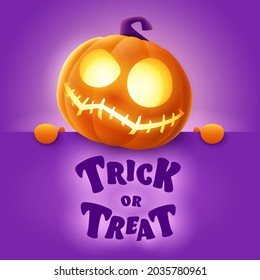 Trick or Treat. 3D illustration of cute glowing Jack O Lantern orange pumpkin character with big greeting signboard on purple background.